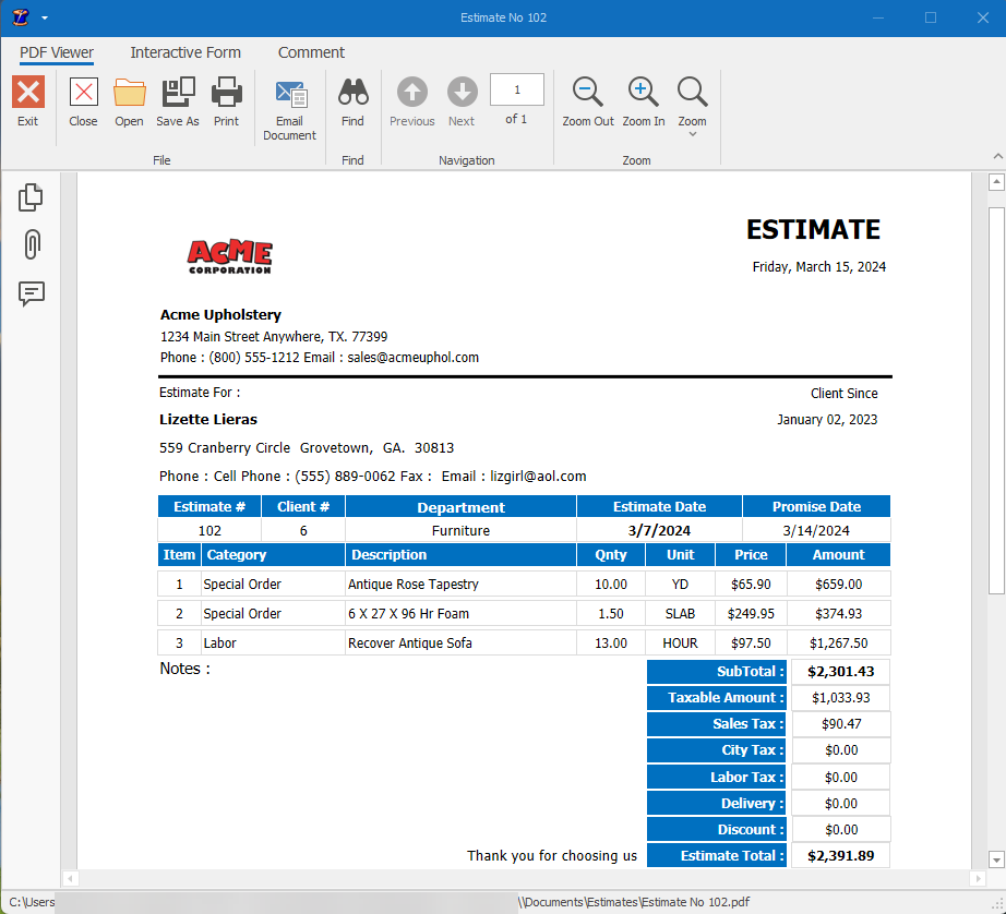 Estimate Report