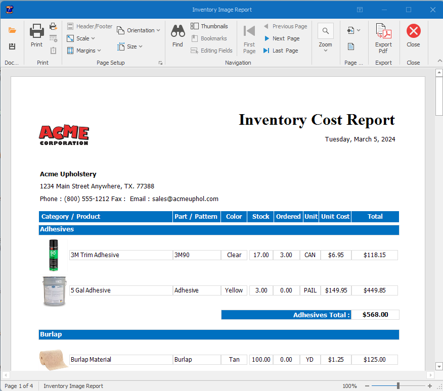 Inventory Image Page Report