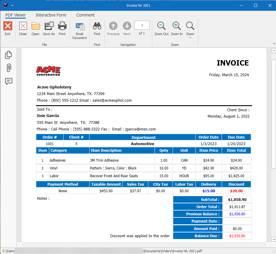 Orders Program Invoice