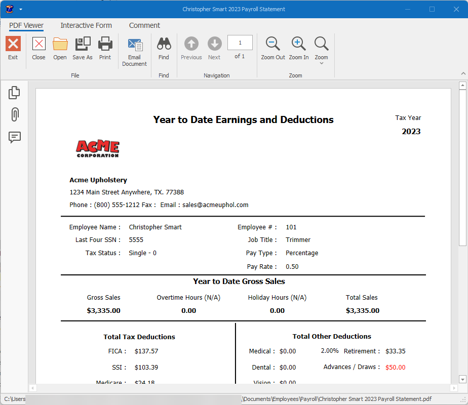 Employee Payroll Year End Statement